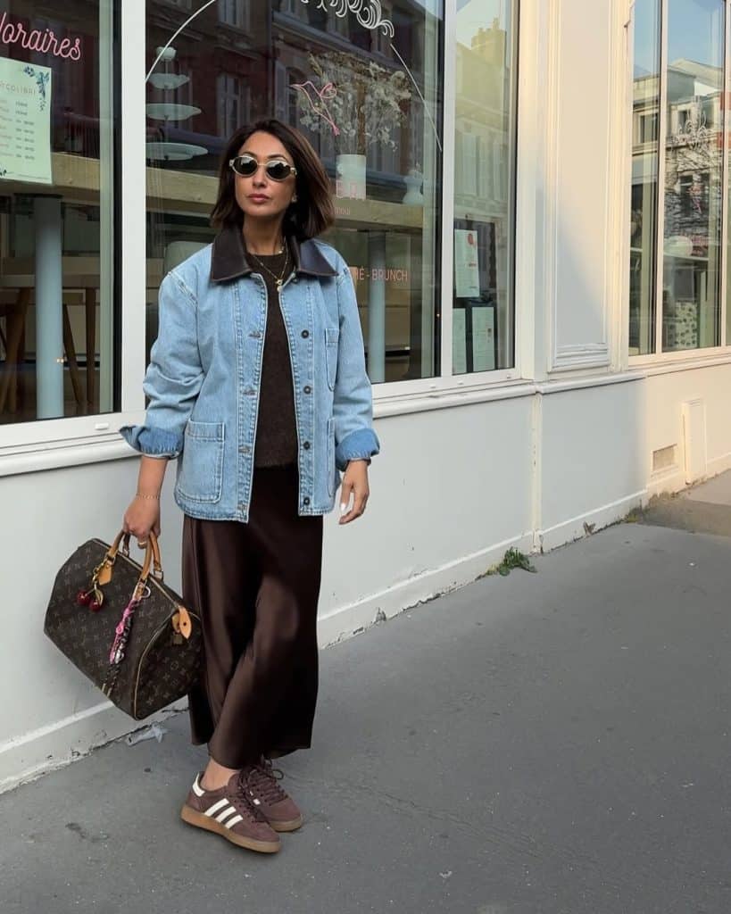 Blue Denim Jacket Over Long Brown Dress Blue Denim Jacket Over Long Brown Dress — Trendy Barn Jacket Outfit