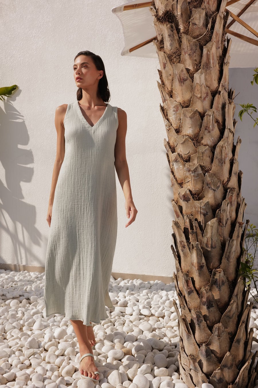 Pale Green Gauze Dress with Flat Sandals Pale Green Gauze Dress with Flat Sandals — Trendy Basic Outfits