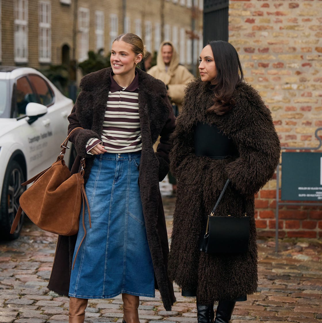 Faux Fur Coat with Striped Polo and Denim Midi Skirt Faux Fur Coat with Striped Polo and Denim Midi Skirt — Trendy Basic Outfits