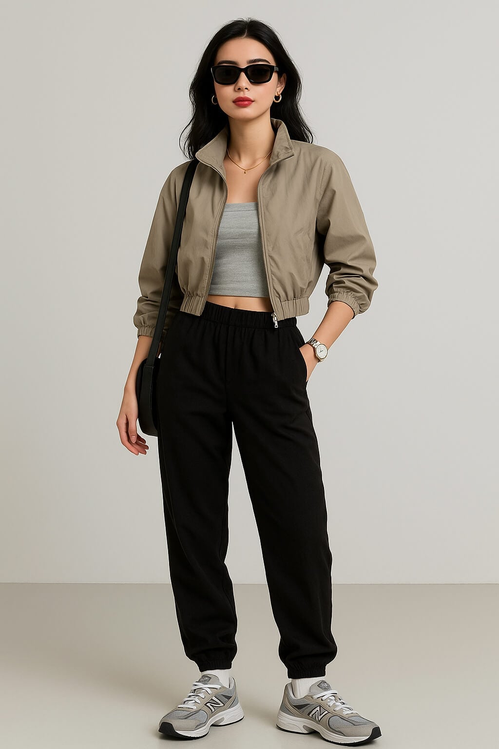 Khaki Bomber Jacket with Ribbed Tube Top and Joggers Khaki Bomber Jacket with Ribbed Tube Top and Joggers — Trendy Basic Outfits