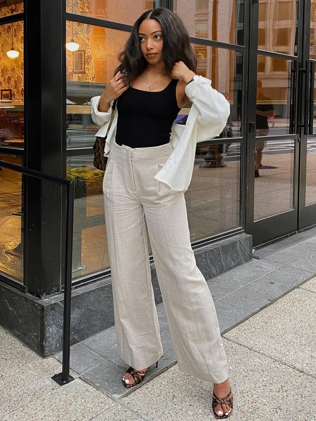 Beige Linen Trousers with Black Tank and Animal Print Heels Beige Linen Trousers with Black Tank and Animal Print Heels — Trendy Basic Outfits