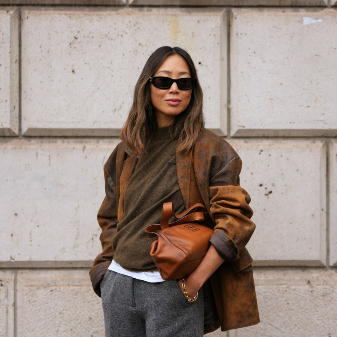 Distressed Leather Blazer with Mock Neck and Gray Trousers Distressed Leather Blazer with Mock Neck and Gray Trousers — Trendy Basic Outfits