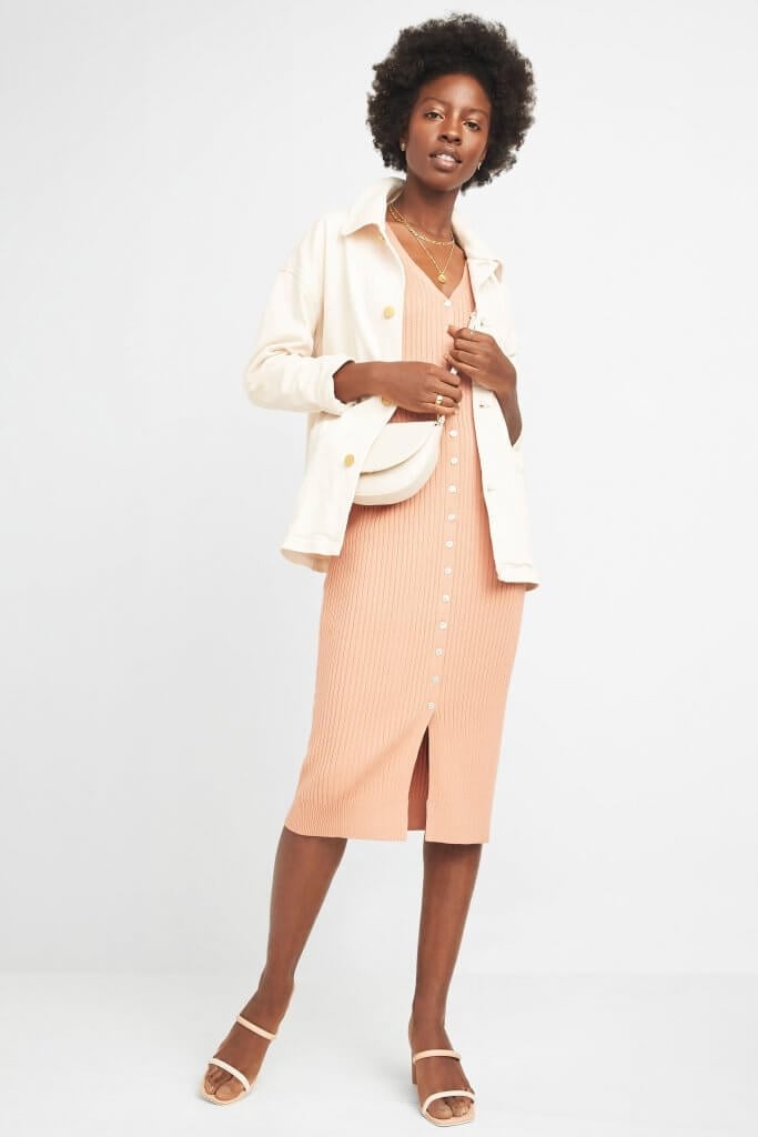 Peach Knit Dress with Cream Shacket and Strappy Heels Peach Knit Dress with Cream Shacket and Strappy Heels — Trendy Basic Outfits