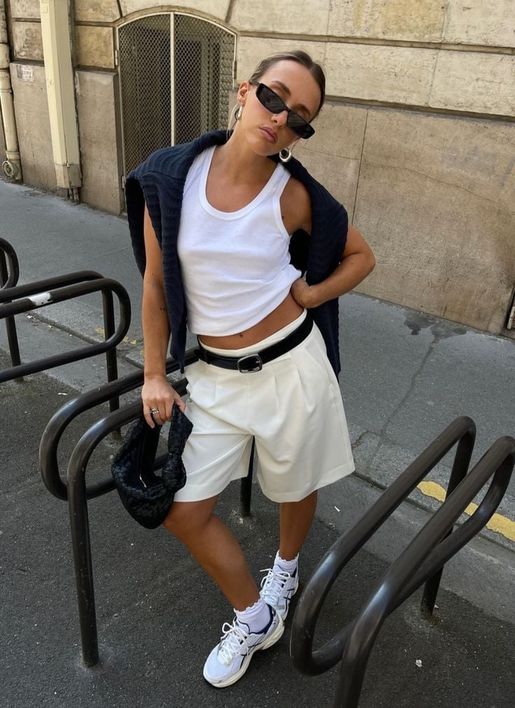 White Tank and Shorts with Draped Navy Sweater White Tank and Shorts with Draped Navy Sweater — Trendy Basic Outfits