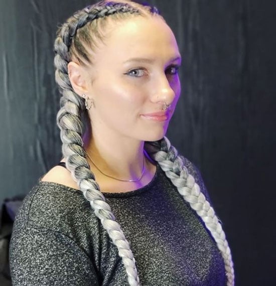 Mid-Back Gray and Black Two Large Braids — Trendy Basketball Hairstyles