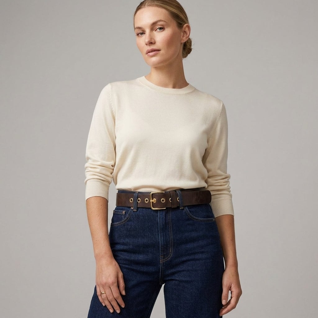 Studded Leather Belt With Cream Sweater Studded Leather Belt With Cream Sweater — Trendy Belt Outfits