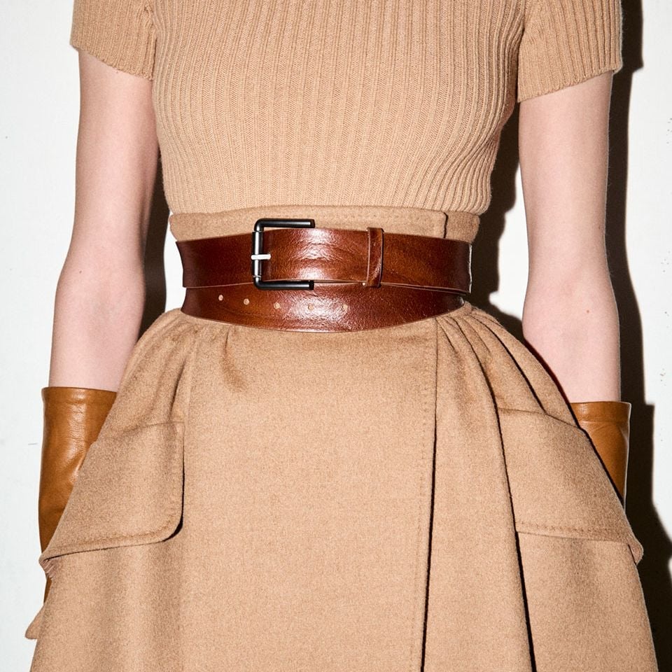 Wide Leather Belt Over Camel Skirt Wide Leather Belt Over Camel Skirt — Trendy Belt Outfits