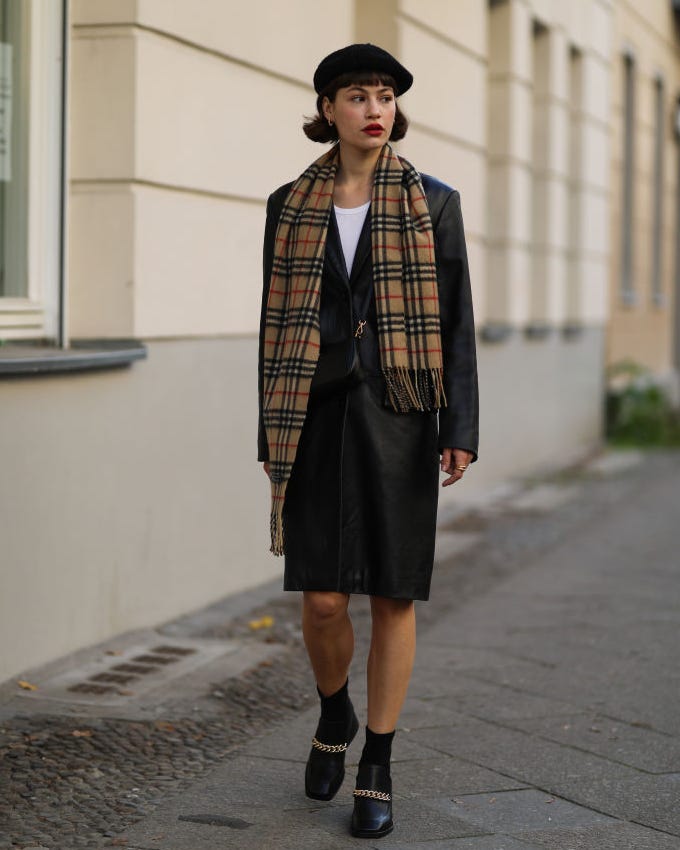 Leather Jacket, Plaid Scarf, and Pencil Skirt — Trendy Beret Outfits