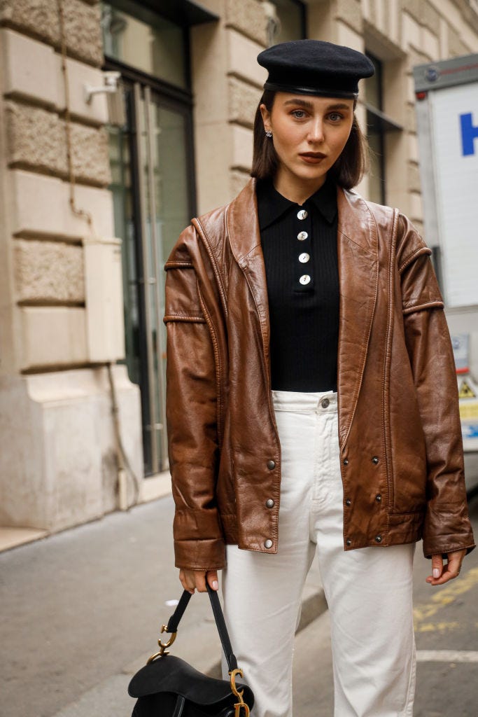 Brown Leather Jacket with White Trousers — Trendy Beret Outfits
