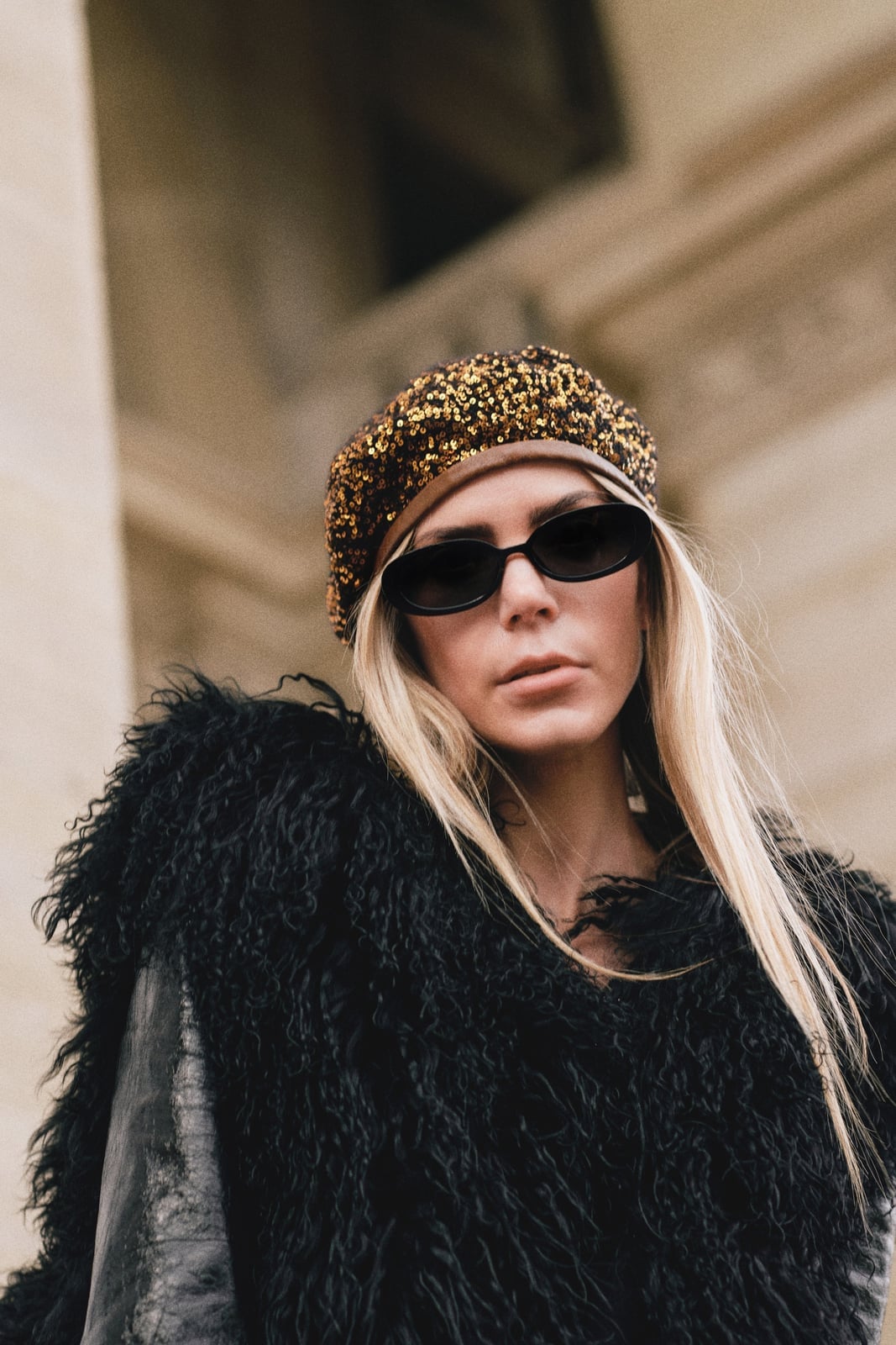 Gold Sequined Beret with Faux Fur Coat — Trendy Beret Outfits