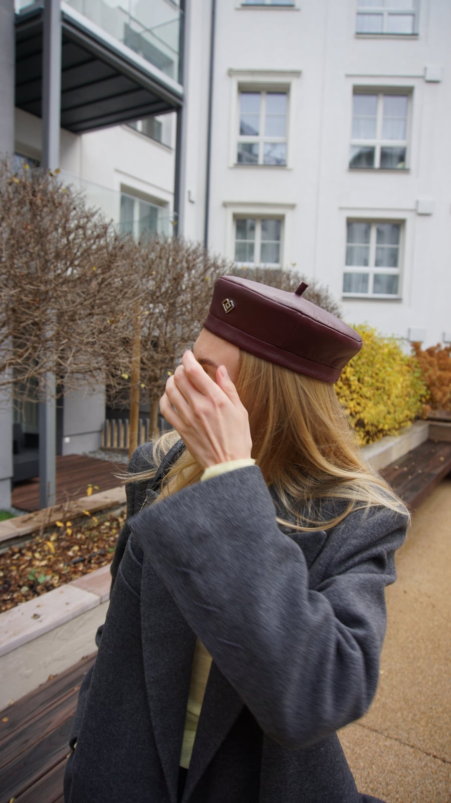 Burgundy Leather Beret with Wool Coat — Trendy Beret Outfits