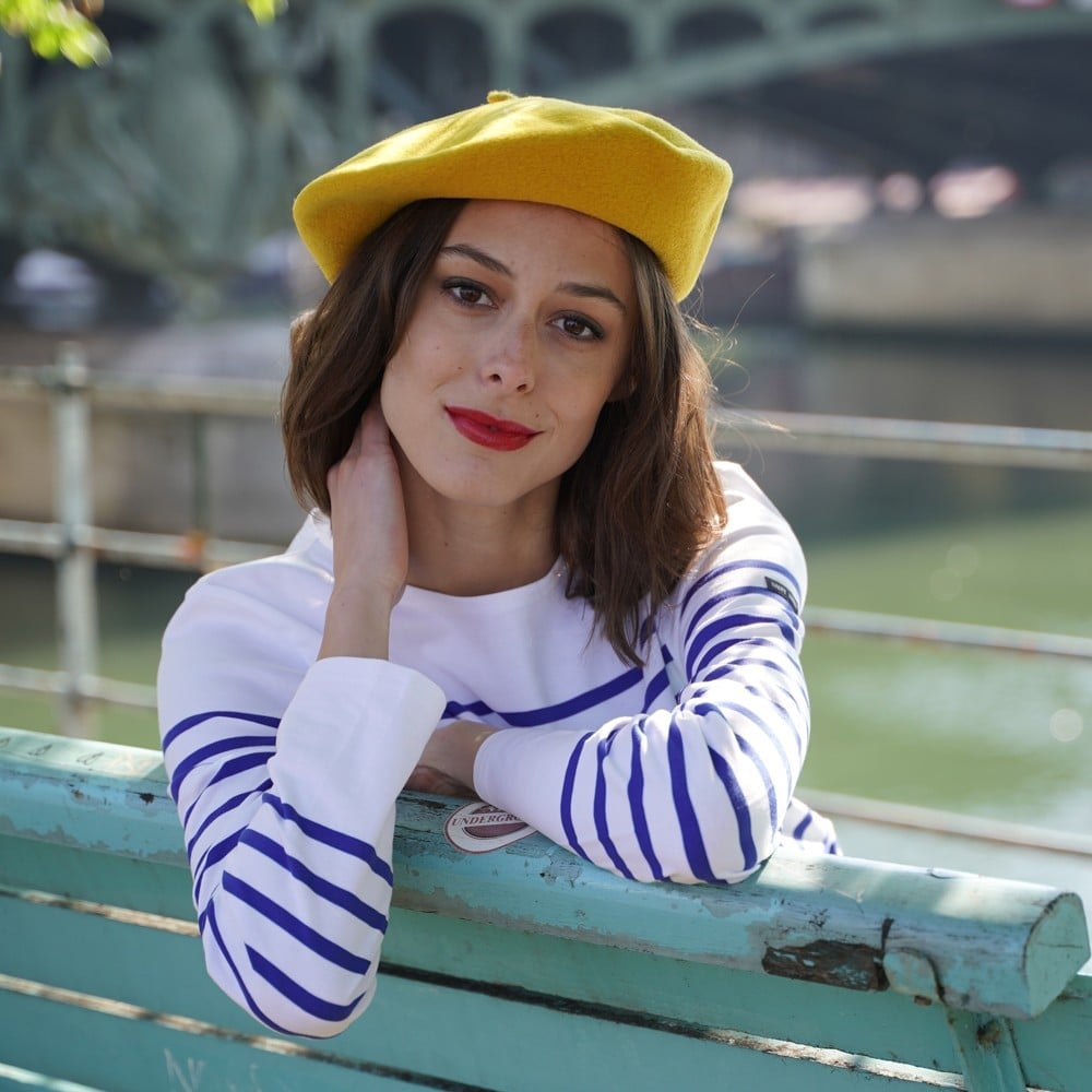Bright Yellow Beret with Striped Shirt — Trendy Beret Outfits