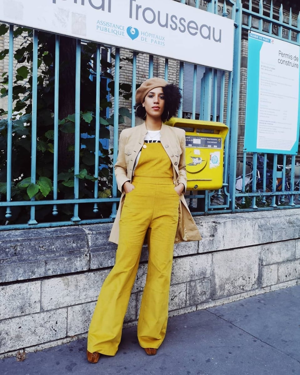 Yellow Corduroy Jumpsuit with Tan Beret — Trendy Beret Outfits