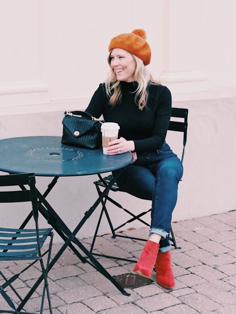 Orange Beret with Pom-Pom and Suede Boots — Trendy Beret Outfits