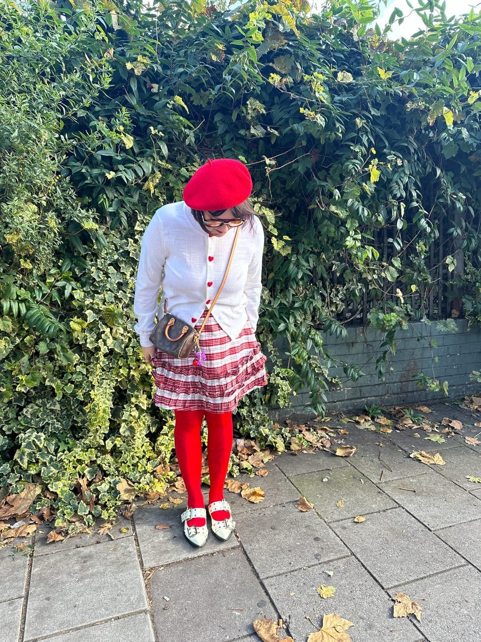 Red Beret with Heart Button Cardigan and Checked Skirt — Trendy Beret Outfits