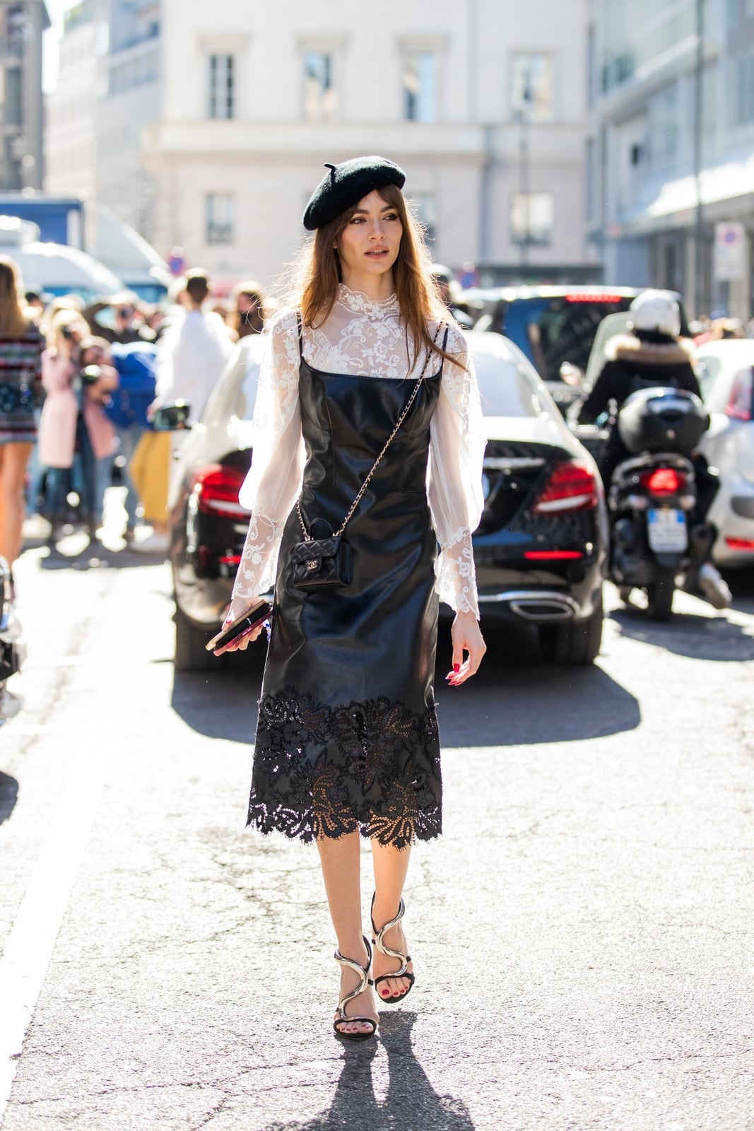Leather Slip Dress Over Lace Top with Beret — Trendy Beret Outfits