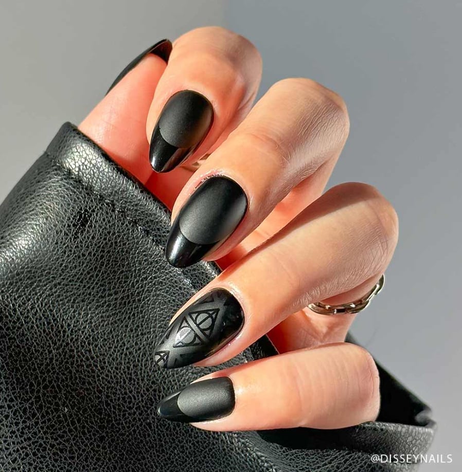 Long Almond Matte And Glossy Black Half Moon Long Almond Matte And Glossy Black Half Moon — Trendy Black Almond Nails