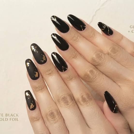 Long Almond Matte Glossy French With Gold Accents Long Almond Matte Glossy French With Gold Accents — Trendy Black Almond Nails