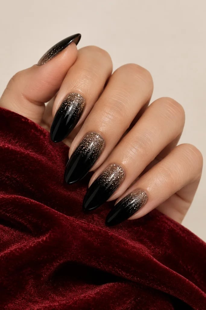 Long Almond Black To Gold Glitter Ombré Long Almond Black To Gold Glitter Ombré — Trendy Black Almond Nails