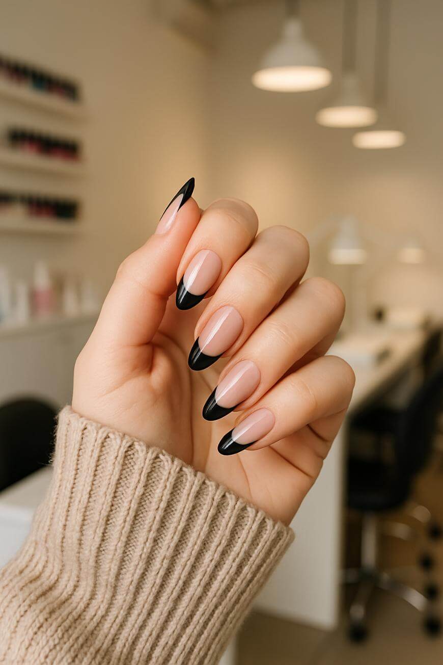Medium Almond Glossy Black French Tips Medium Almond Glossy Black French Tips — Trendy Black Almond Nails
