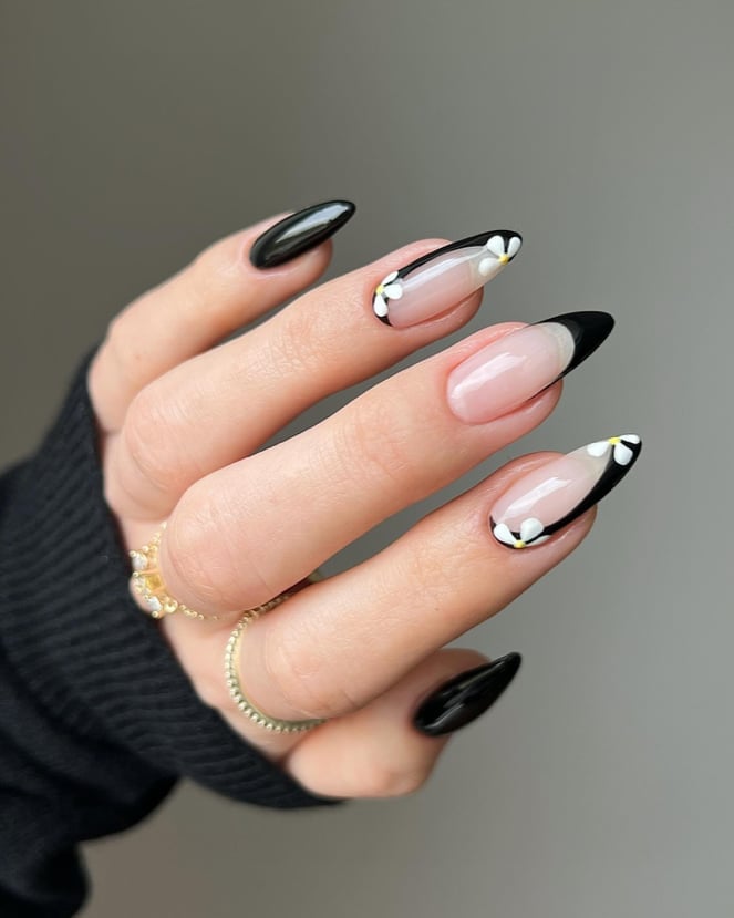 Long Almond Black French Tips With White Flowers Long Almond Black French Tips With White Flowers — Trendy Black Almond Nails
