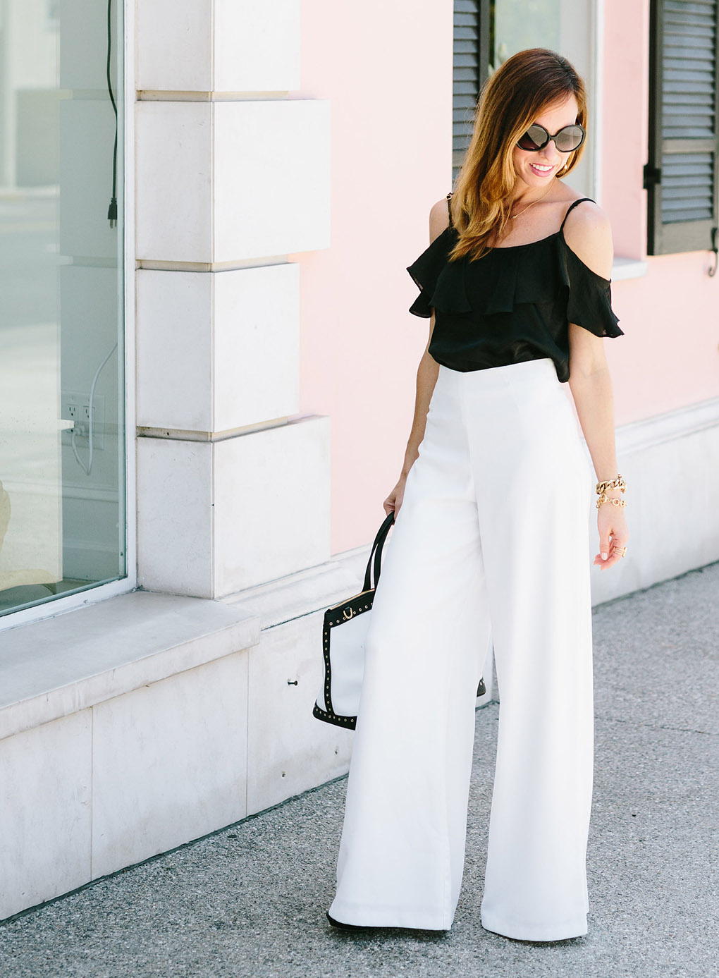 Cold Shoulder Top With White Wide Leg Pants Cold Shoulder Top With White Wide Leg Pants — Trendy Black and White Outfits