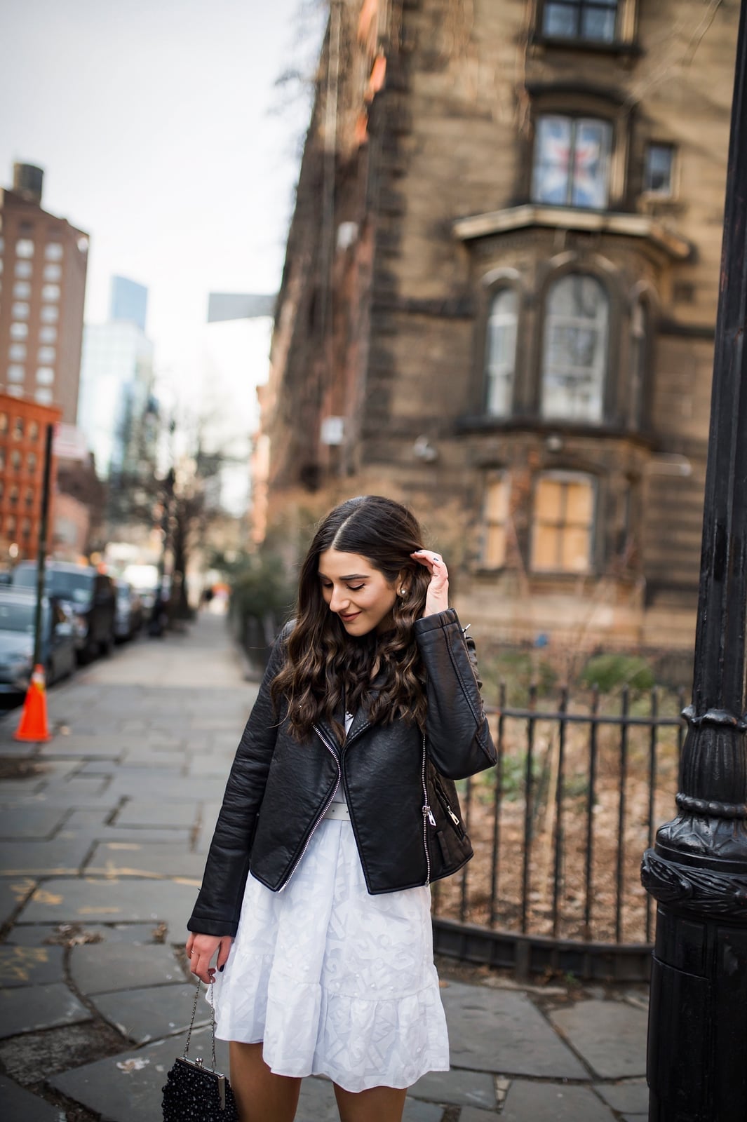 Biker Jacket Over Textured White Dress Biker Jacket Over Textured White Dress — Trendy Black and White Outfits