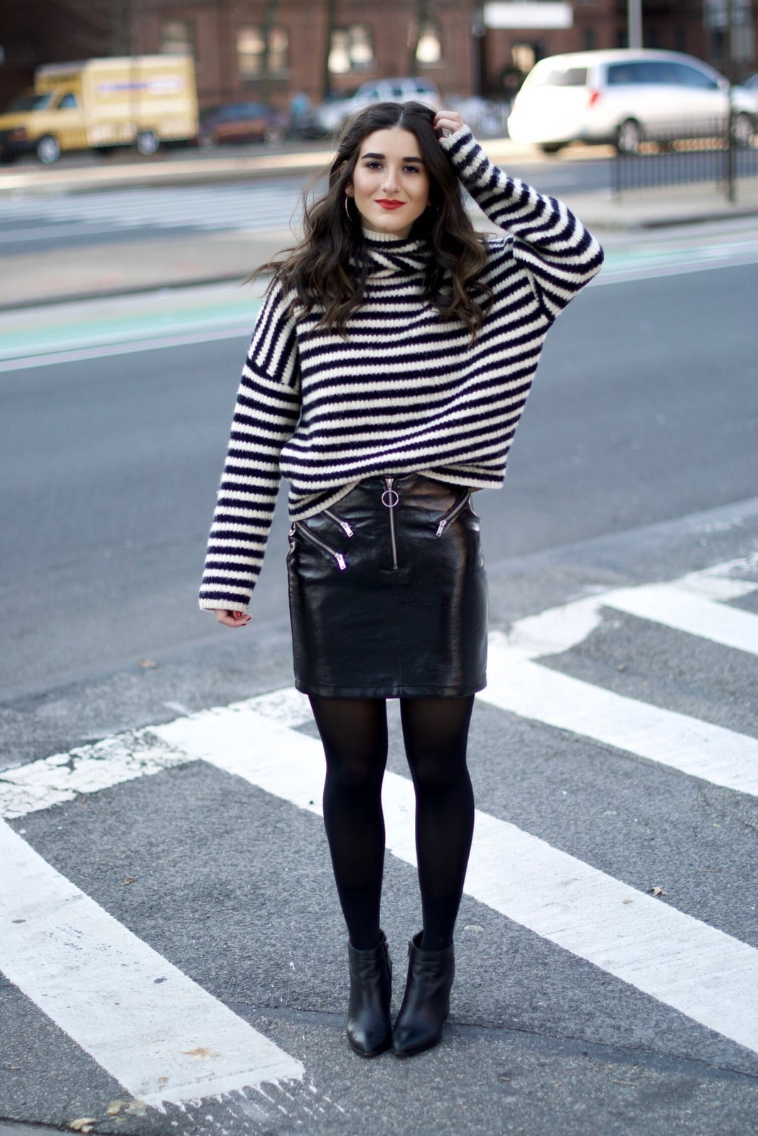 Striped Turtleneck With Faux Leather Mini Skirt Striped Turtleneck With Faux Leather Mini Skirt — Trendy Black and White Outfits