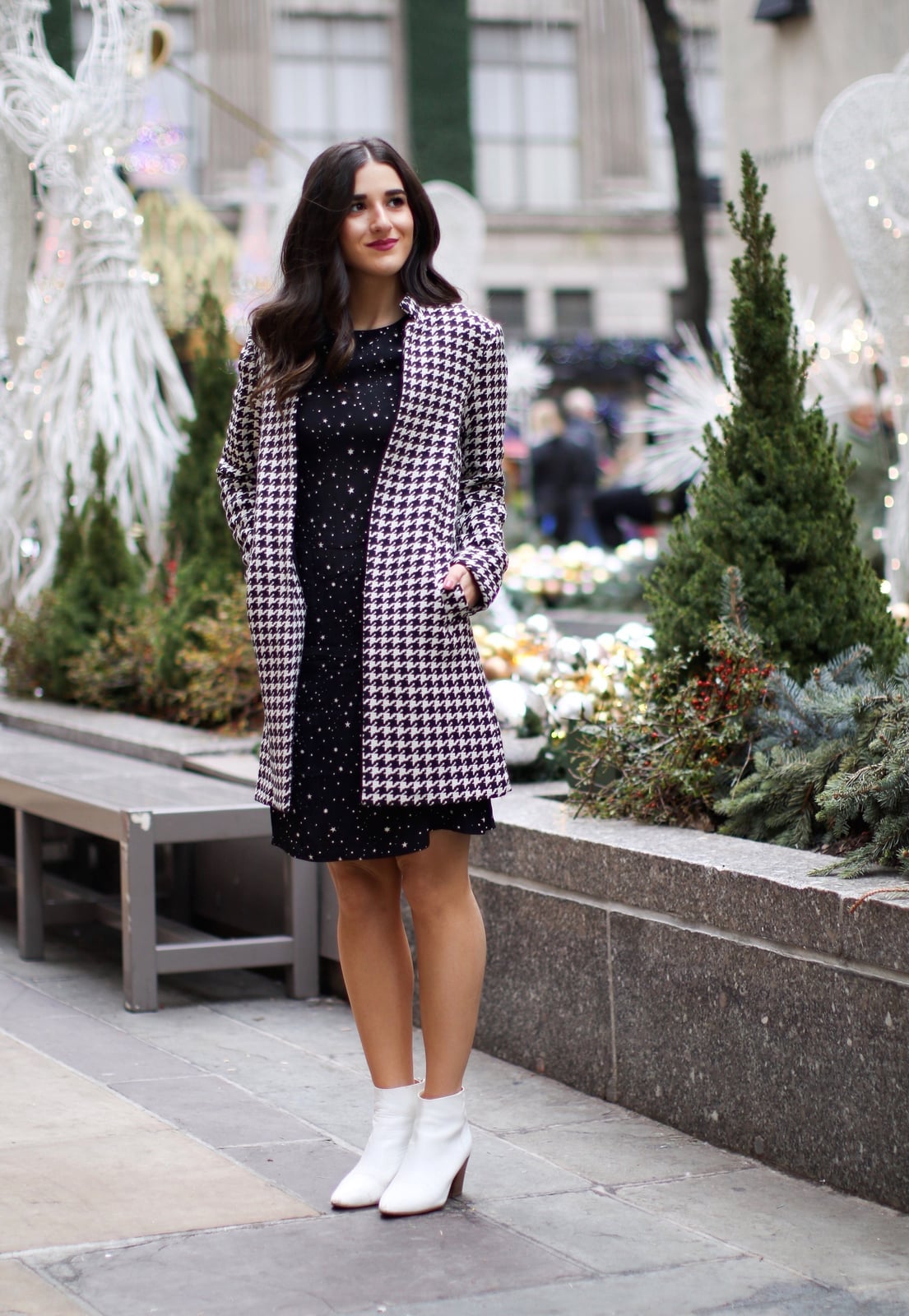 Houndstooth Coat Over Black Dress With White Ankle Boots Houndstooth Coat Over Black Dress With White Ankle Boots — Trendy Black and White Outfits