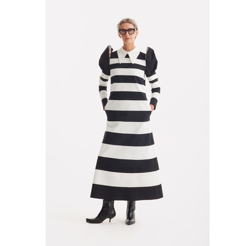 Striped Maxi Dress With Puff Sleeves and Collar Striped Maxi Dress With Puff Sleeves and Collar — Trendy Black and White Outfits