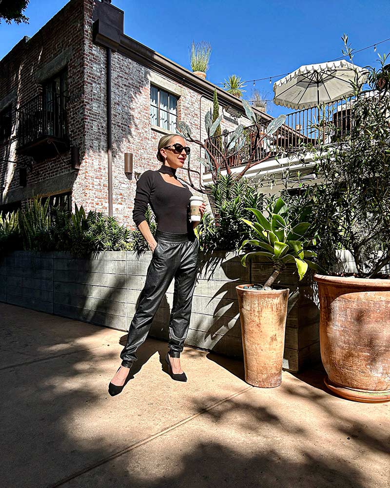 Black Faux Leather Joggers with a Long-Sleeve Top — Trendy Black Leather Pants Outfit