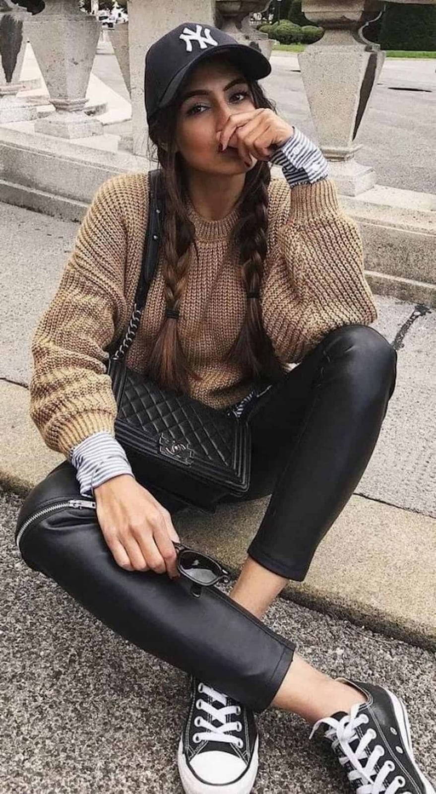 Black Leather Pants with Zipper Details and a Striped Shirt — Trendy Black Leather Pants Outfit