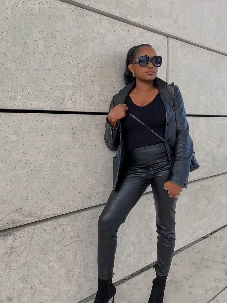 All-black Outfit with Leather Trousers and Blazer — Trendy Black Leather Pants Outfit