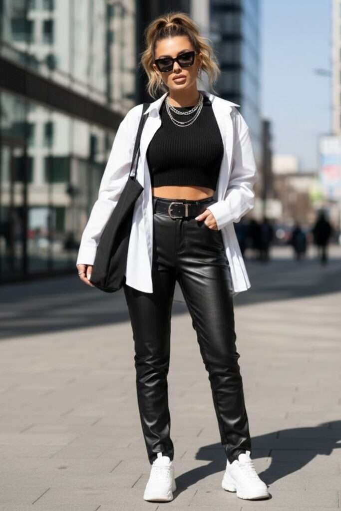 Black Leather Skinny Pants with an Oversized White Shirt — Trendy Black Leather Pants Outfit