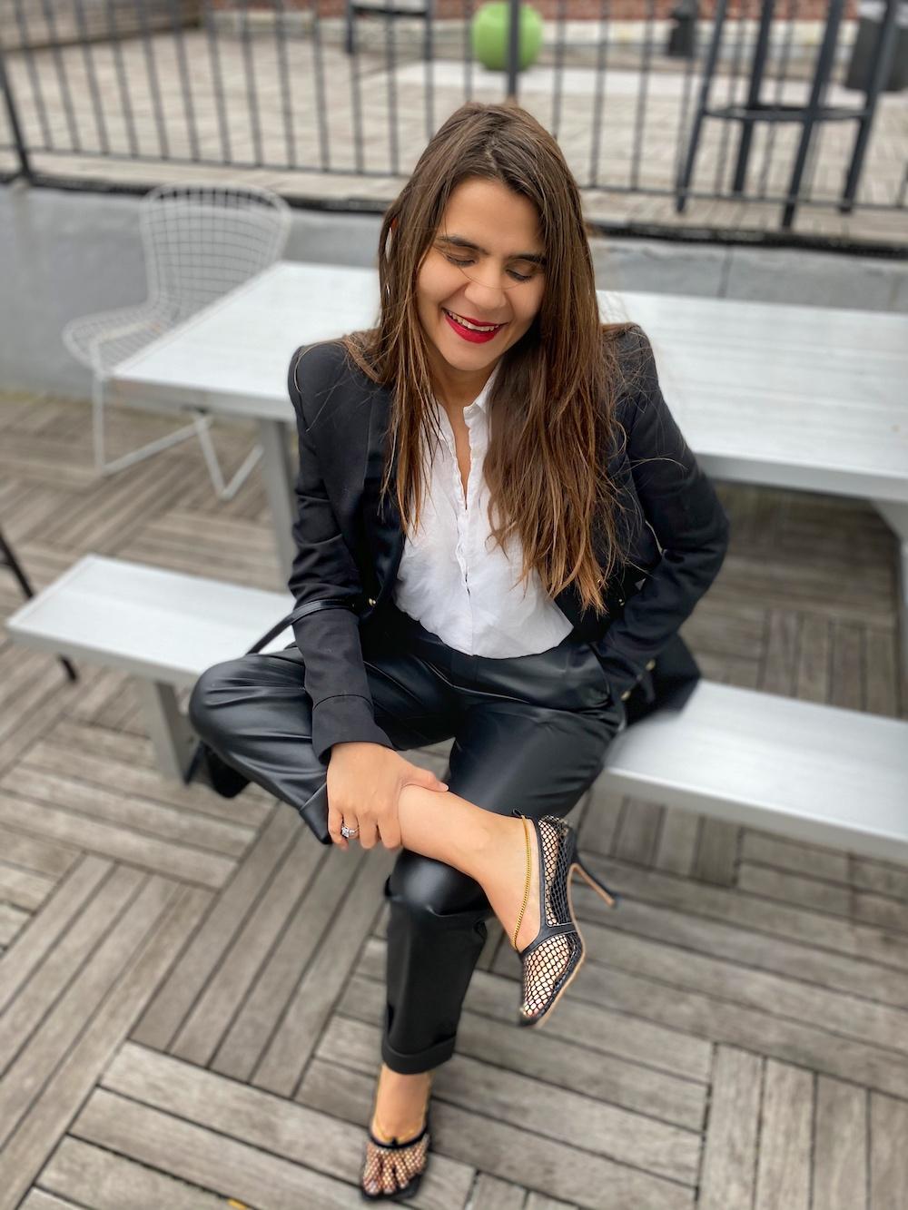 Fitted Black Leather Pants with Split Hem and Blazer — Trendy Black Leather Pants Outfit