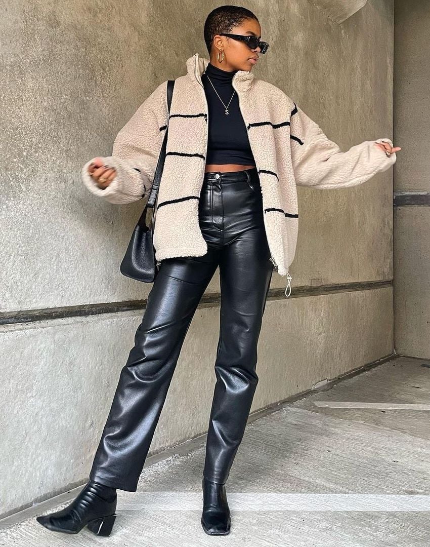 Black Leather Pants with a Striped Fleece Jacket — Trendy Black Leather Pants Outfit