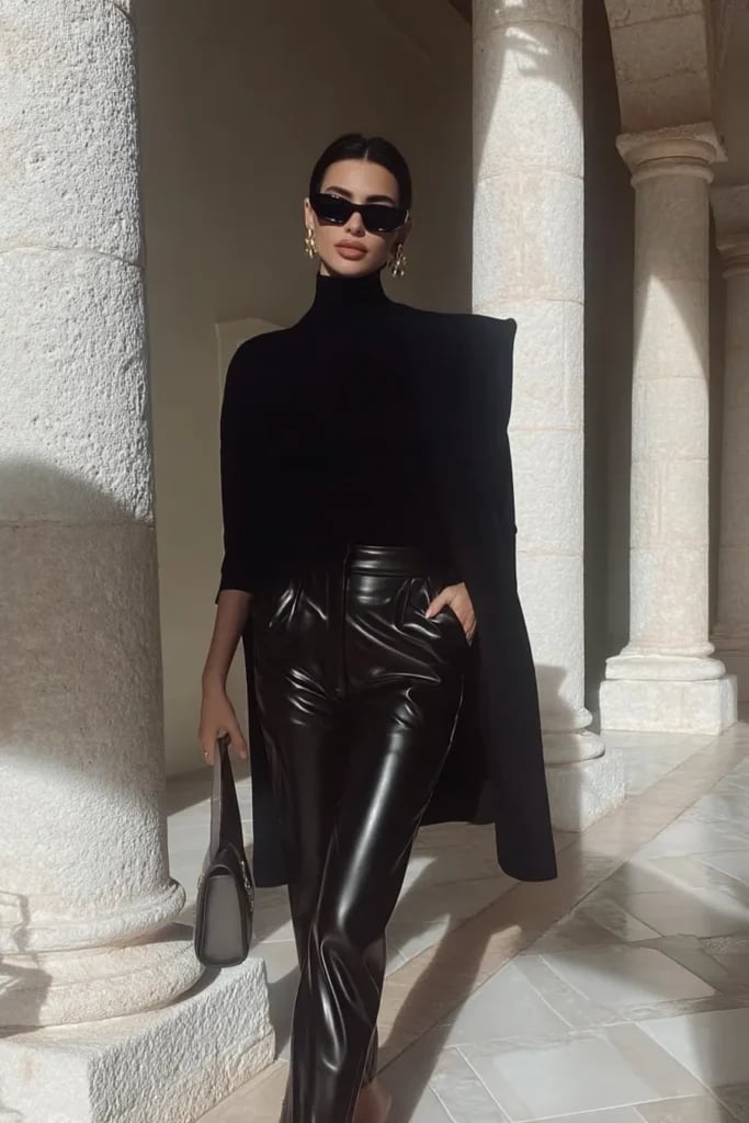 Fitted Black Leather Trousers with a Draped Coat — Trendy Black Leather Pants Outfit