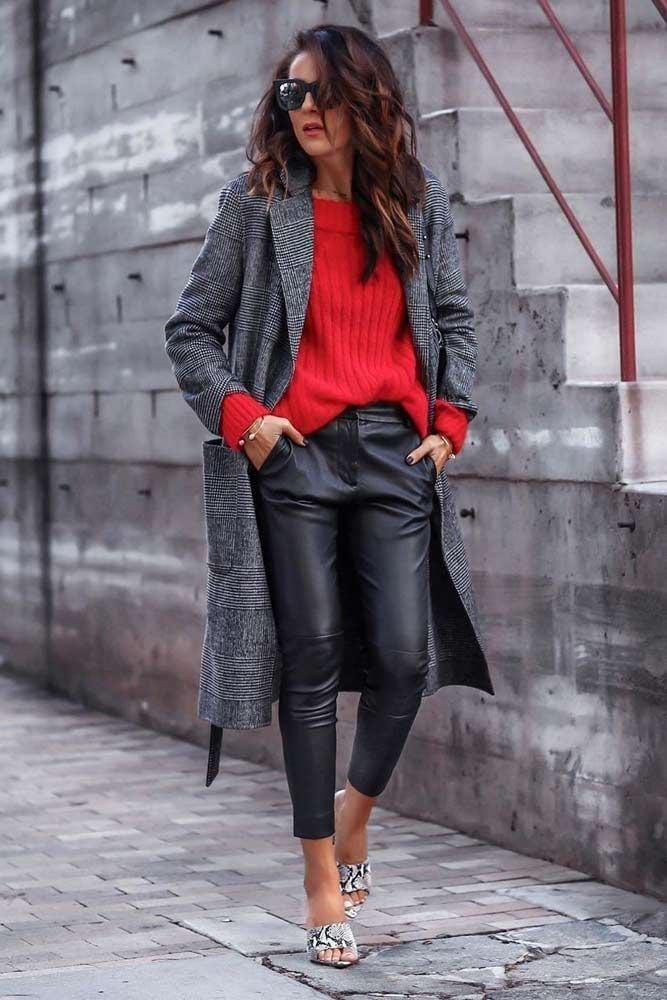 Slim-fit Black Leather Pants with a Red Sweater and Plaid Coat — Trendy Black Leather Pants Outfit
