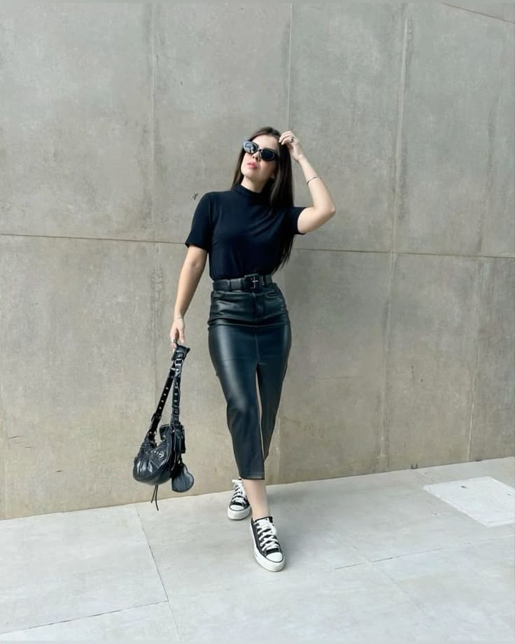 Black Leather Pencil Skirt With Sneakers Black Leather Pencil Skirt With Sneakers — Trendy Black Leather Skirt Outfit