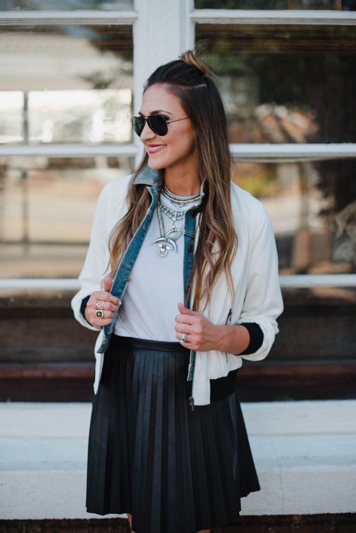 Black Pleated Leather Midi Skirt With Layered Jackets Black Pleated Leather Midi Skirt With Layered Jackets — Trendy Black Leather Skirt Outfit