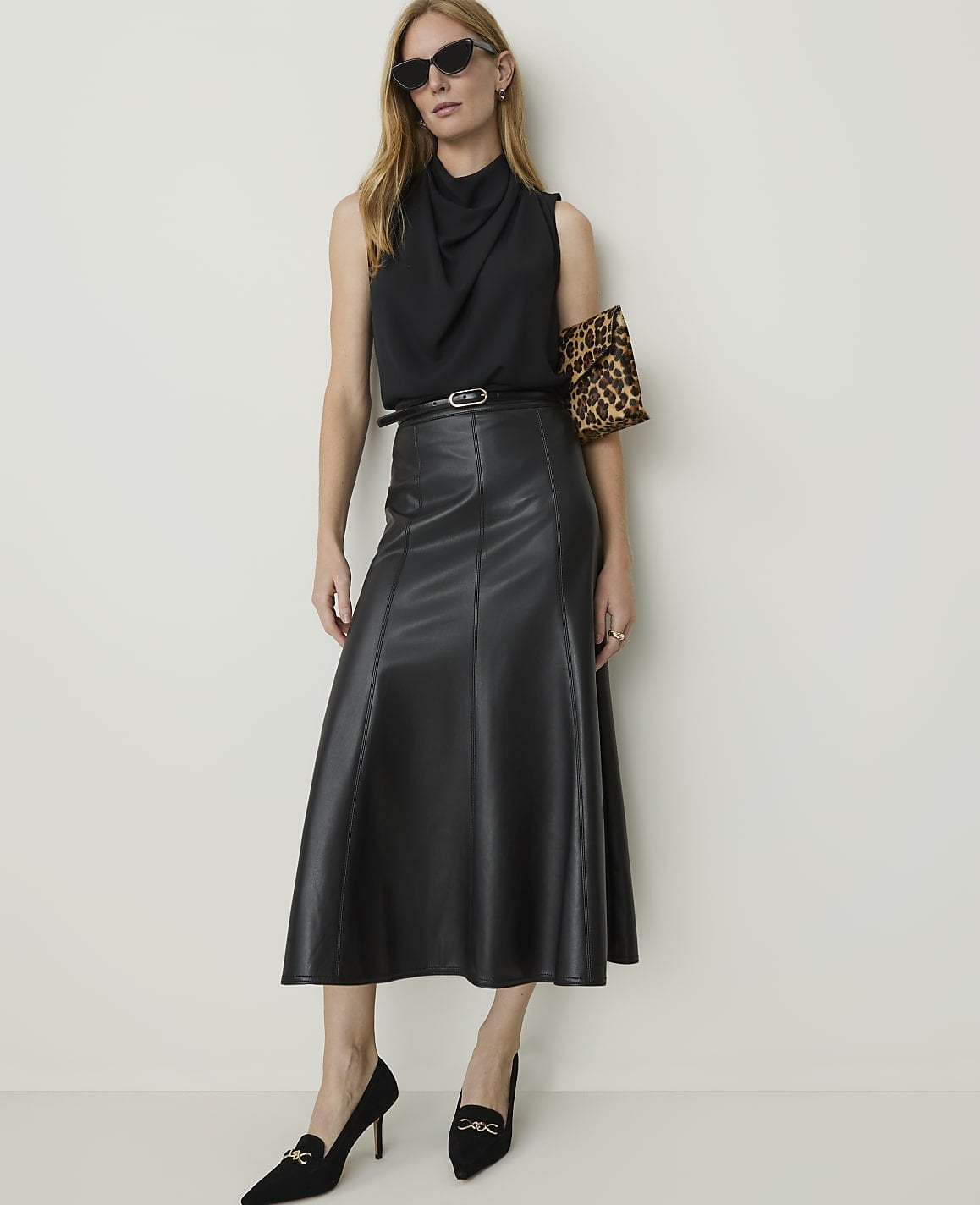 Faux Leather Flared Midi Skirt With Cowl Neck Top Faux Leather Flared Midi Skirt With Cowl Neck Top — Trendy Black Leather Skirt Outfit