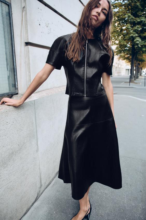 Black Faux Leather Midi Skirt Matching Set Black Faux Leather Midi Skirt Matching Set — Trendy Black Leather Skirt Outfit