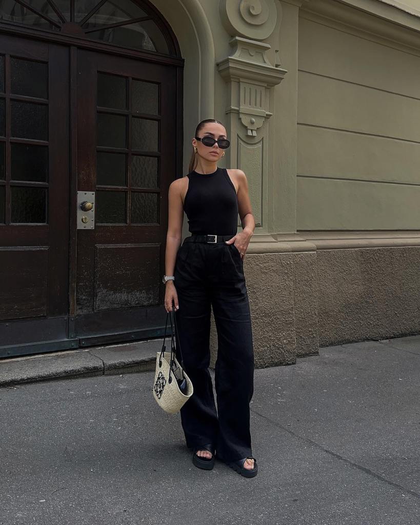 Trendy Black Linen Pants With Sleeveless Top Trendy Black Linen Pants With Sleeveless Top — Trendy Black Linen Pants Outfit