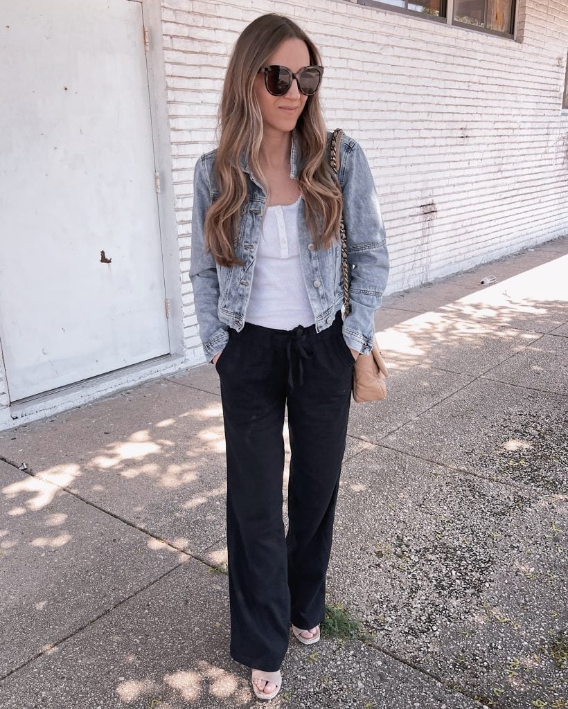 Casual Black Linen Pants With Denim Jacket Casual Black Linen Pants With Denim Jacket — Trendy Black Linen Pants Outfit