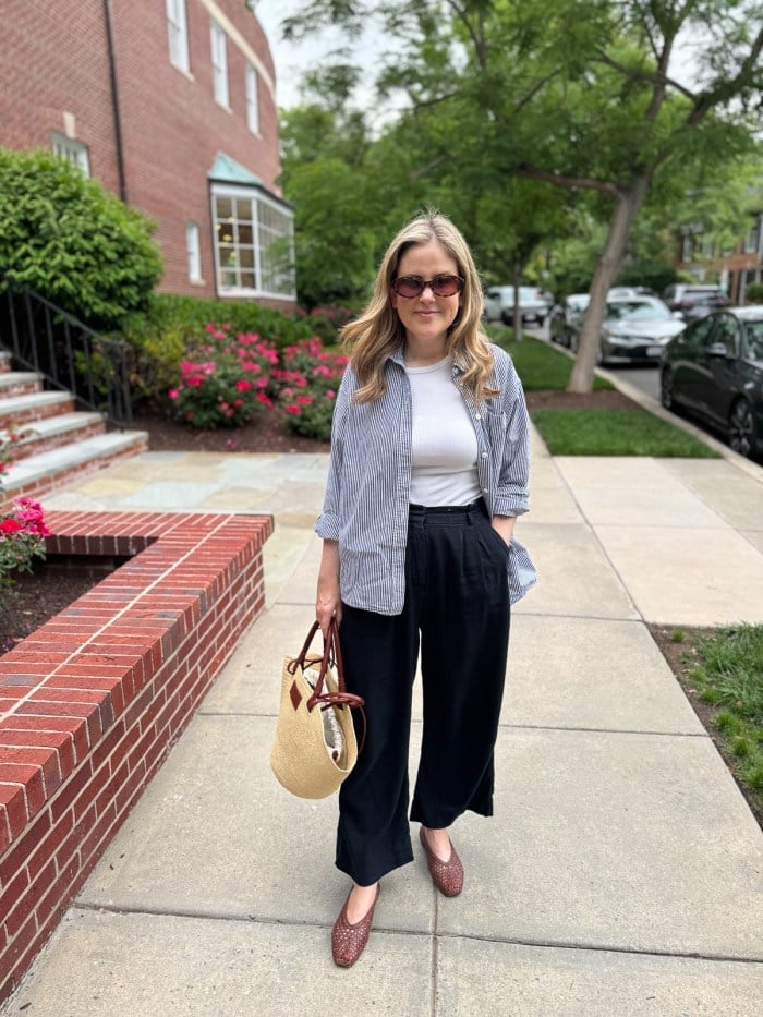 Daytime Black Linen Pants With Striped Shirt Daytime Black Linen Pants With Striped Shirt — Trendy Black Linen Pants Outfit