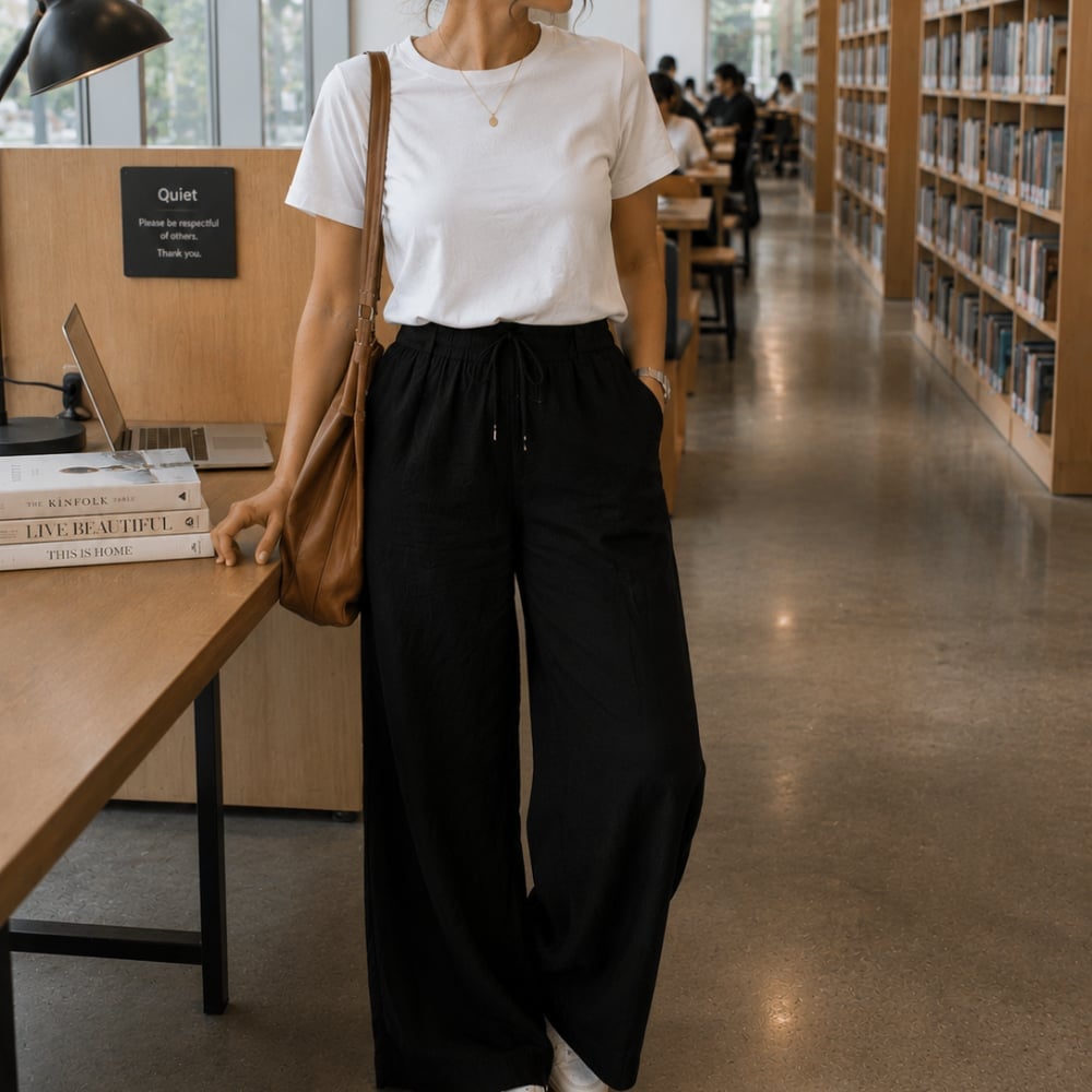 Casual Black Linen Pants With White T-shirt And Sneakers Casual Black Linen Pants With White T-shirt And Sneakers — Trendy Black Linen Pants Outfit
