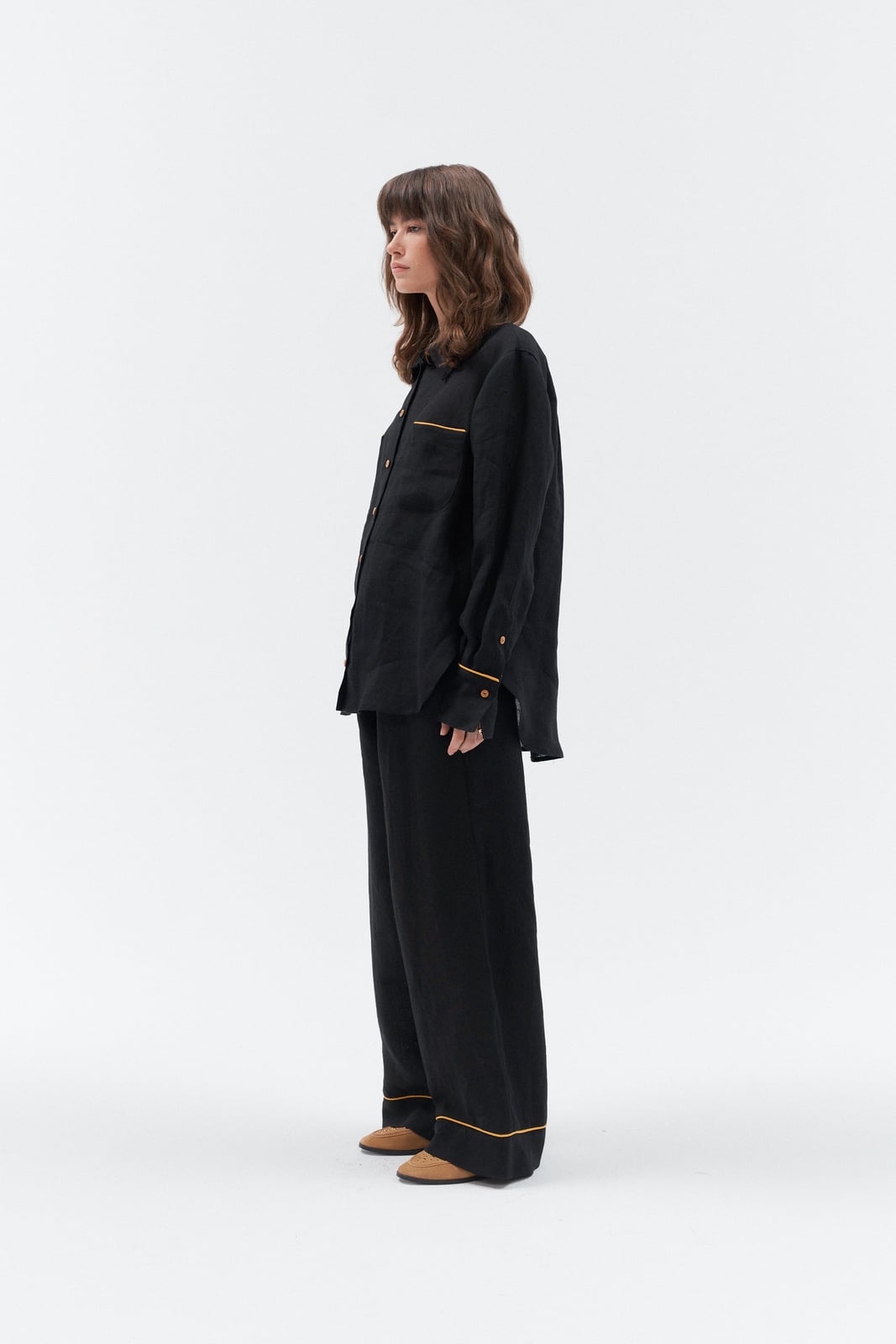 Black Linen Trousers With Contrast Piping Shirt Black Linen Trousers With Contrast Piping Shirt — Trendy Black Linen Pants Outfit