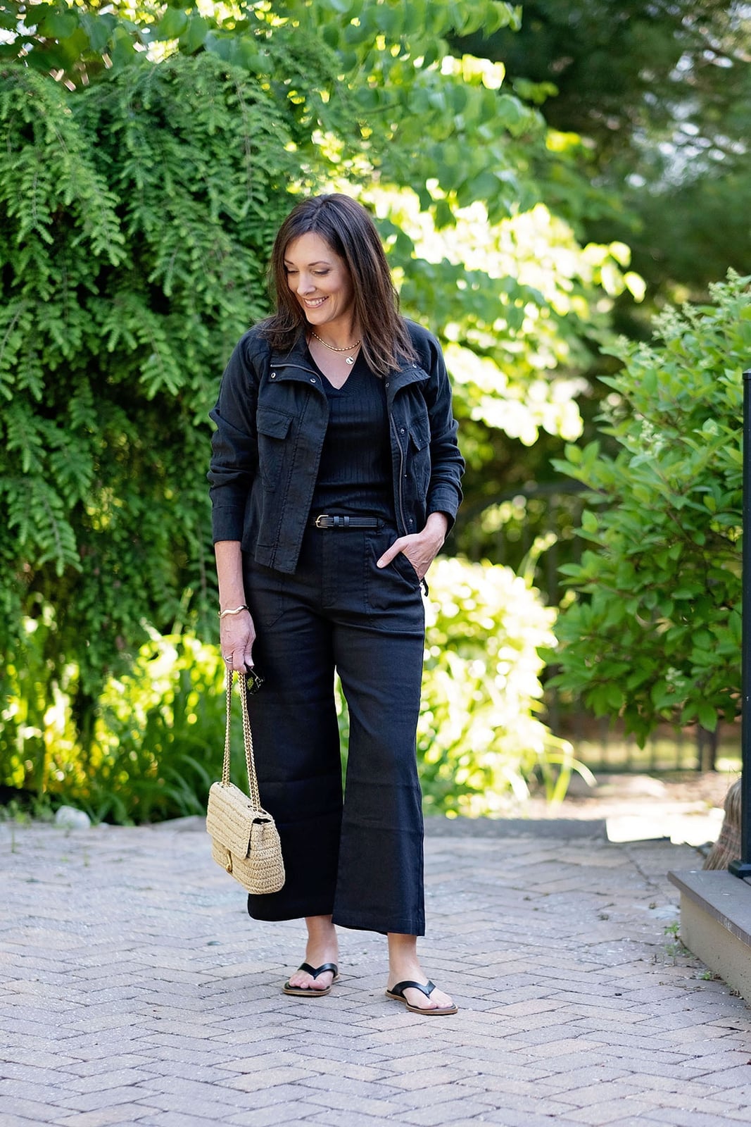 Cropped Wide Leg Black Pants With Cropped Jacket Cropped Wide Leg Black Pants With Cropped Jacket — Trendy Black Linen Pants Outfit