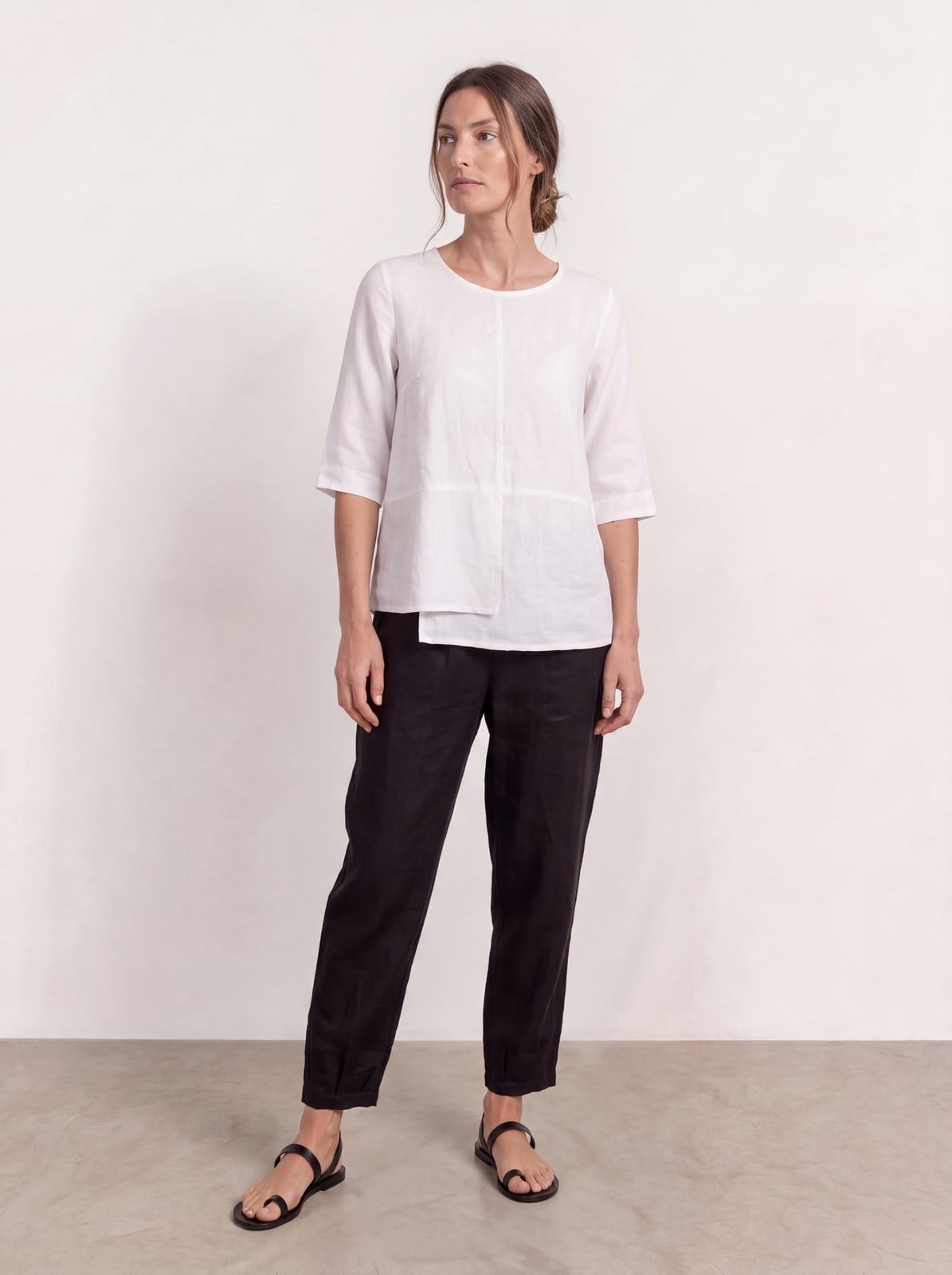 Minimalist Black Linen Pants With Layered Top Minimalist Black Linen Pants With Layered Top — Trendy Black Linen Pants Outfit