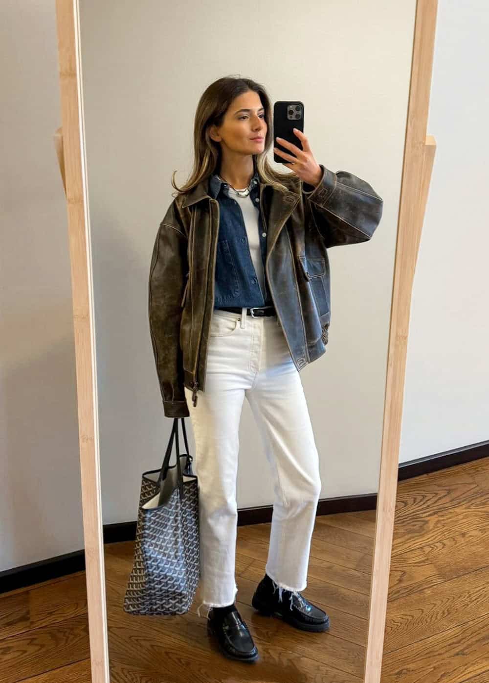 Black Leather Loafers With White Jeans And Brown Leather Jacket Black Leather Loafers With White Jeans And Brown Leather Jacket — Trendy Black Loafers Outfit